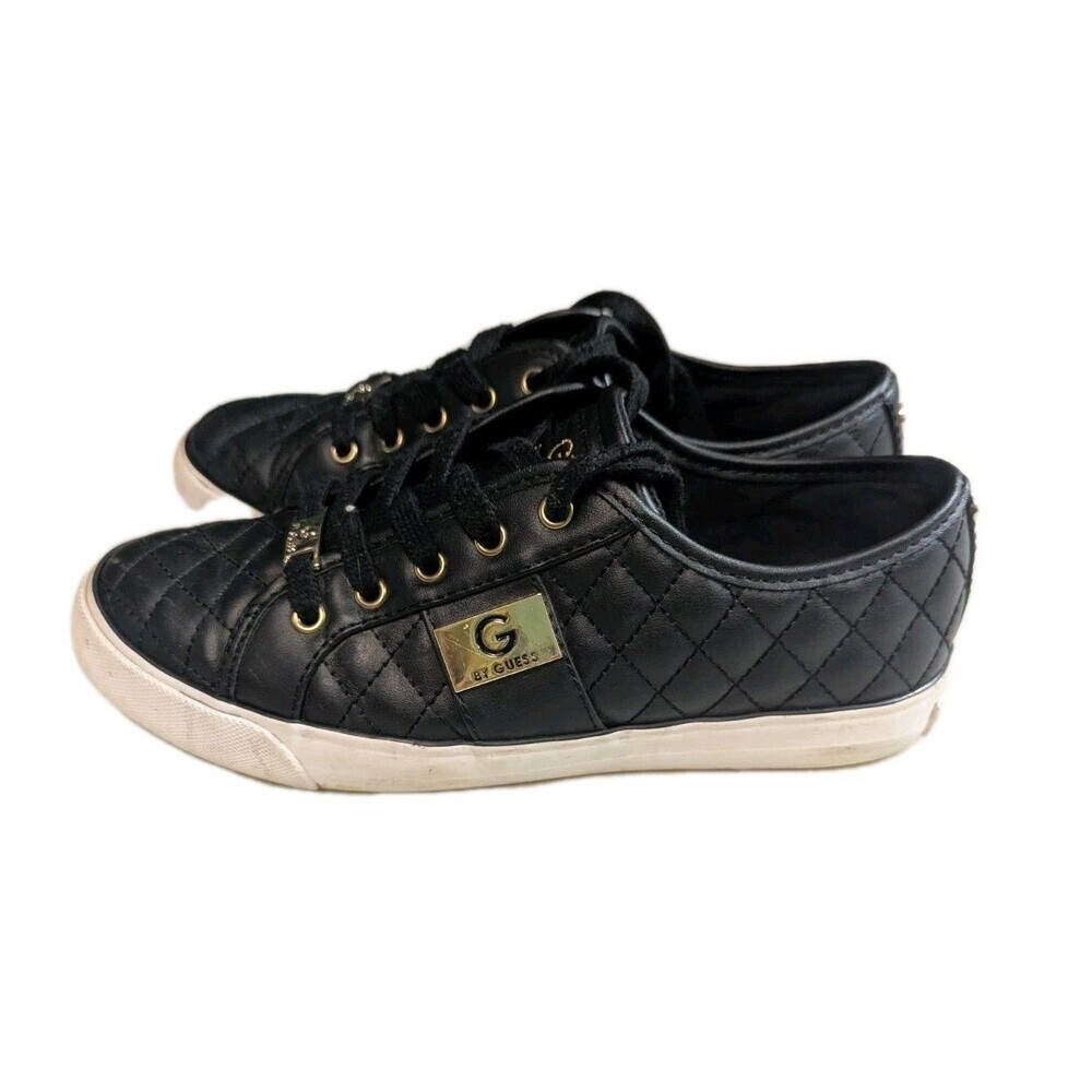 G by GUESS Backer Black Quilted Sneakers Gold Hardware Faux Leather Low Top 7M - Picture 3 of 13